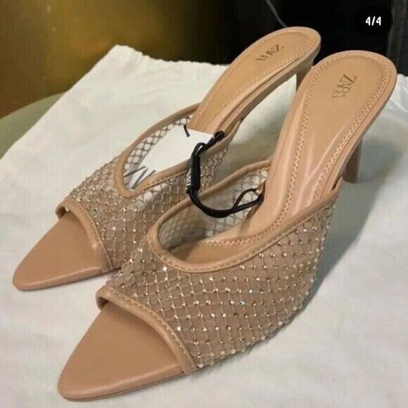 ZARA Embellished Mesh Slide Heels Nude Tan Size 8 NWT - Picture 15 of 16